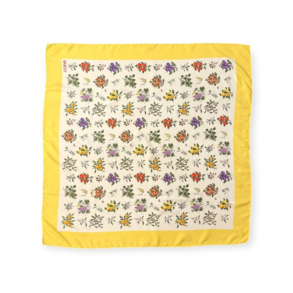 Vintage GUCCI Iconic Yellow Border Lattice "Flora" Printed Silk Scarf